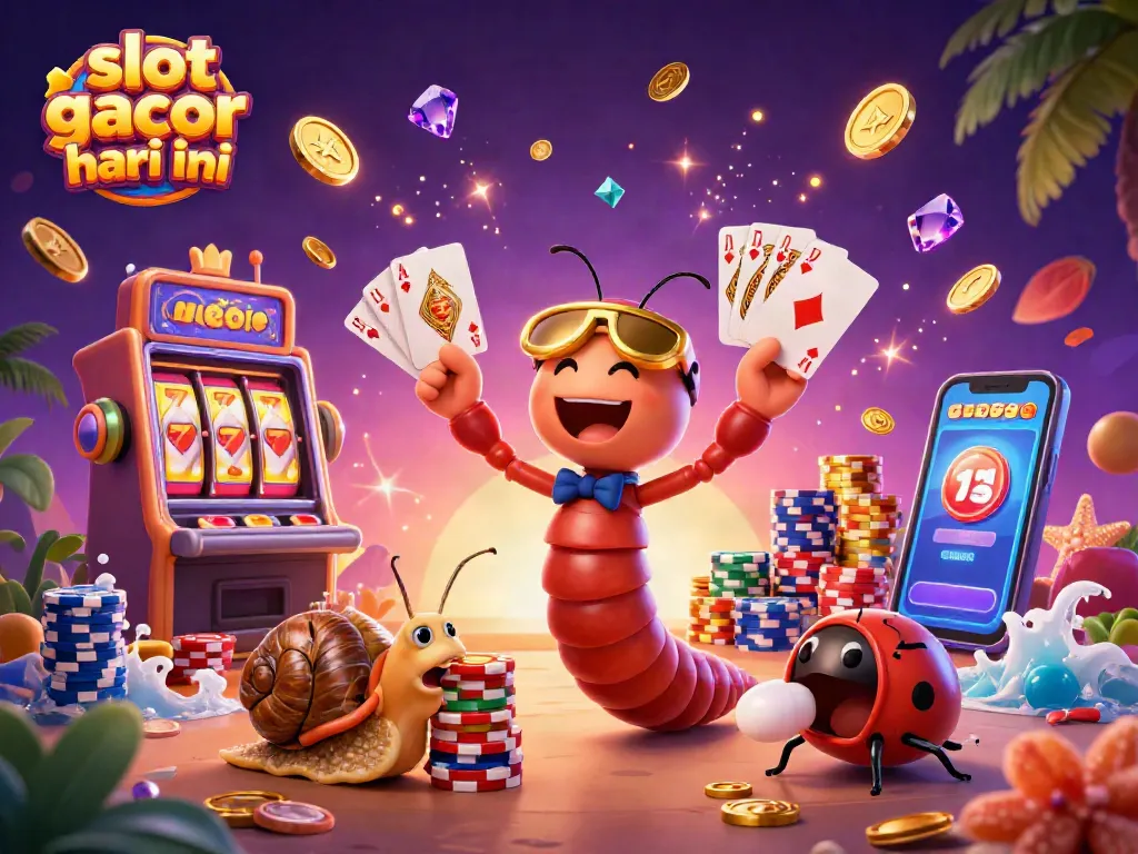 Permainan slot gacor hari ini dalam gambar ilustrasi 3D kartun dengan dealer dan kerumunan elemen kasino.