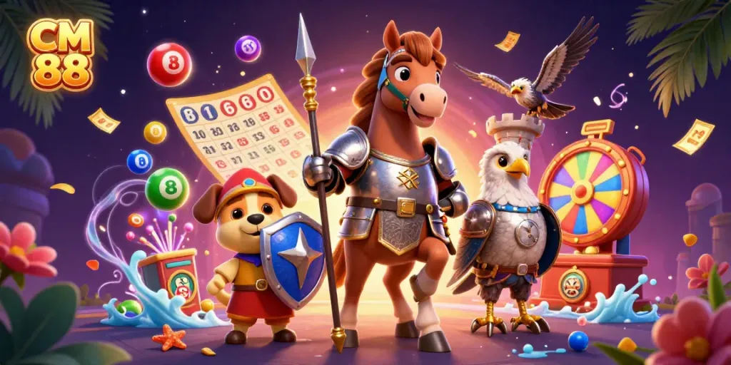 Engage with CM 88 through colorful lottery elements and medieval characters in dynamic illustration.