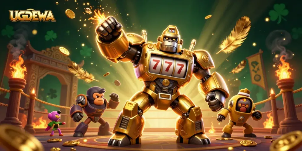 Experience UGDEWA's thrilling gaming with a dynamic 3D gorilla mech and slot elements in action.