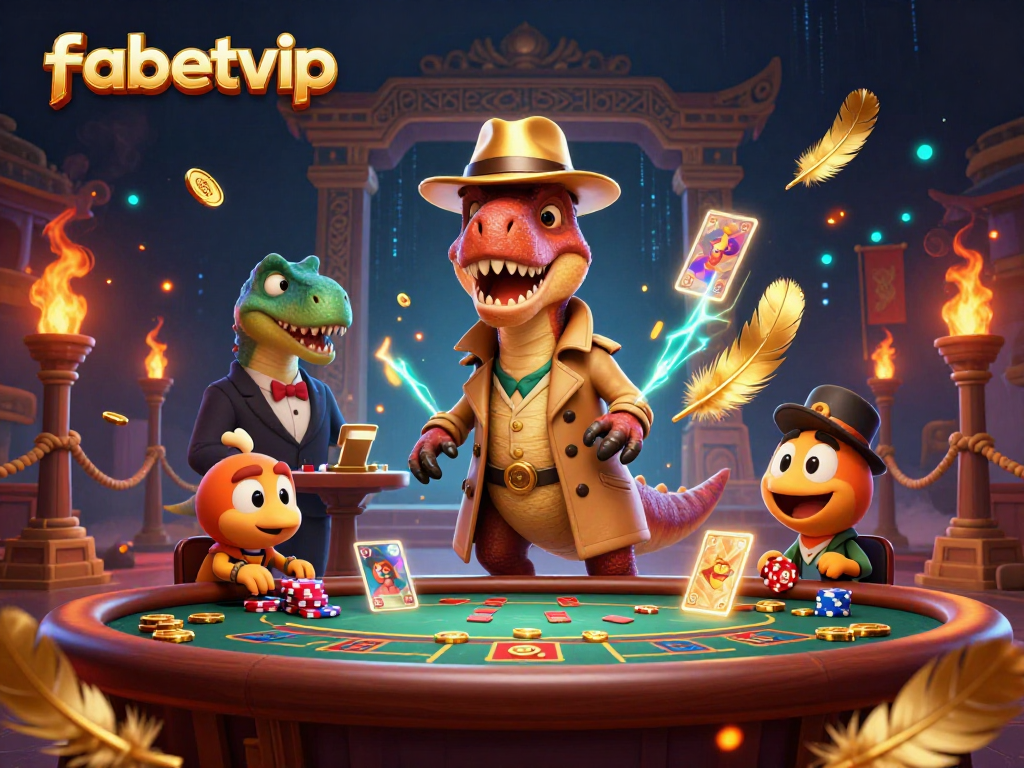 Experience thrilling gameplay at fabetvip with a cartoon velociraptor countering cards in an exciting casino setting.