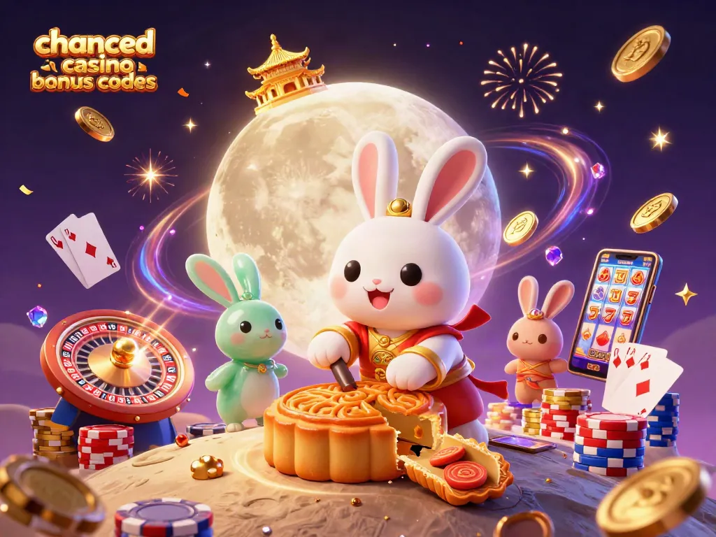 Experience chanced casino bonus codes with the moon rabbit cracking open mooncakes revealing poker chips.