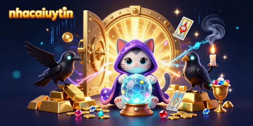 Experience thrilling wins with nhacaiuytin, a vibrant casino scene featuring magical characters and treasure.