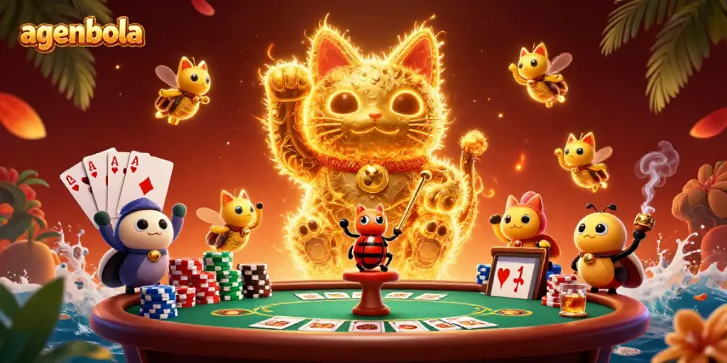 Experience the magic of agenbola with a vibrant 3D casino scene featuring a lucky cat surrounded by poker elements.