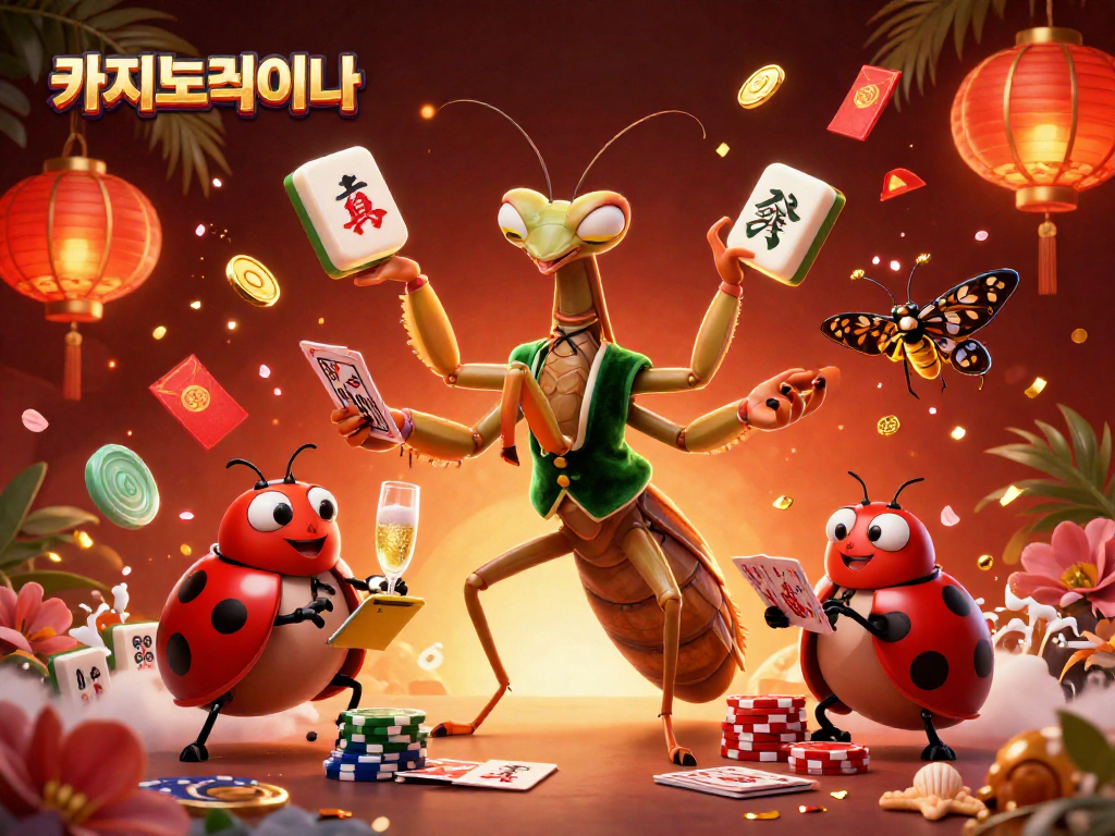 카지노사이트에서 카드 게임을 즐기는 만타촉 막대기와 매력적인 경영진을 강조한 일러스트
