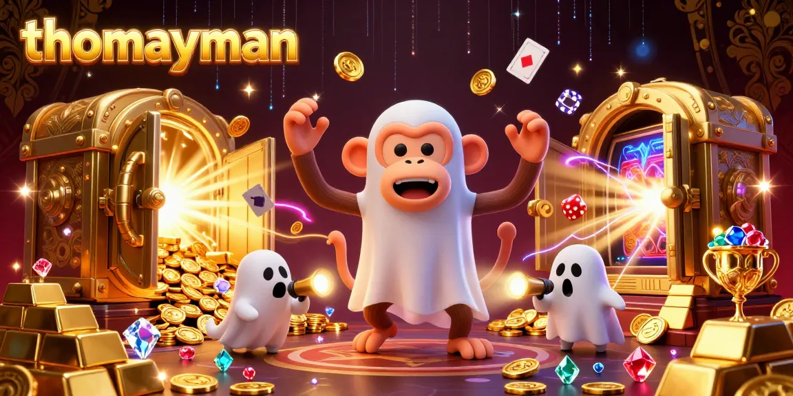 Engage in thrilling gaming action at thomayman, featuring a whimsical monkey juggling treasure in a vibrant casino scene.