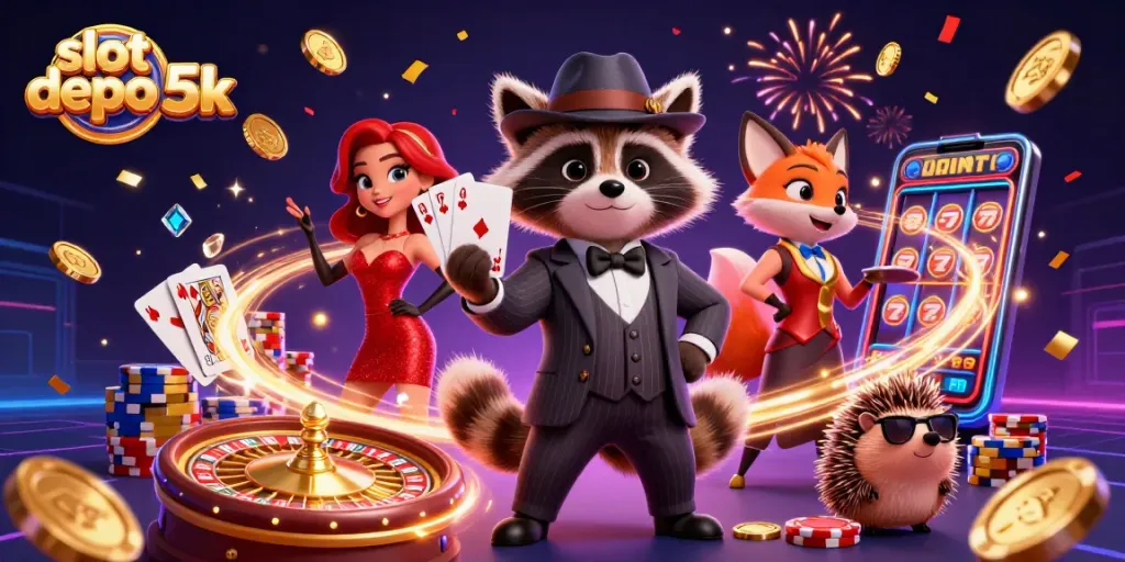 Engage with immersive slots at slot depo 5k, featuring a raccoon, fox, and hedgehog bouncer in a dynamic casino scene.