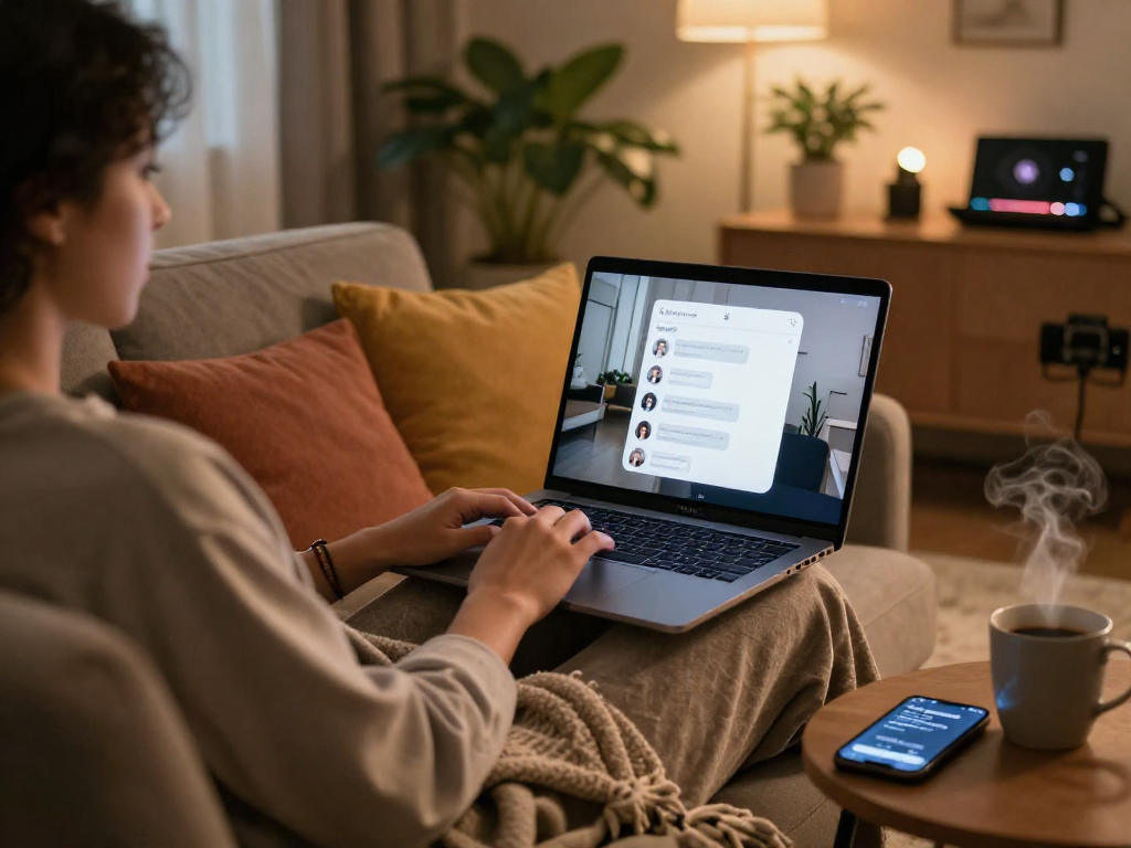 A cozy living room scene featuring a person engaging in a porn ai chat on a laptop, surrounded by warm decor elements.