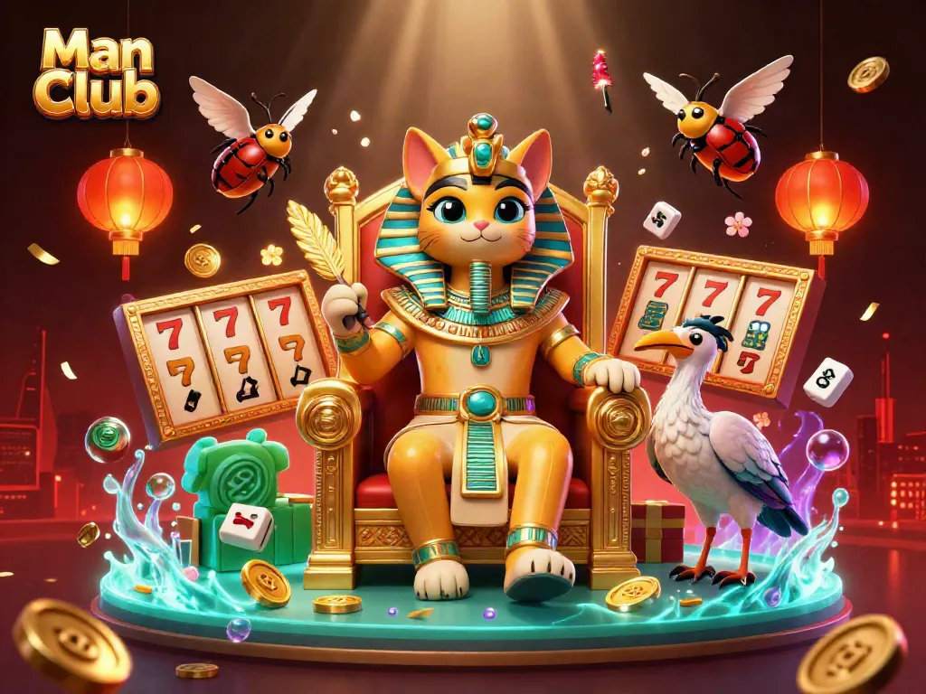 The Man Club presents a rich casino experience with a pharaoh cat and ibis, showcasing vibrant slot elements.