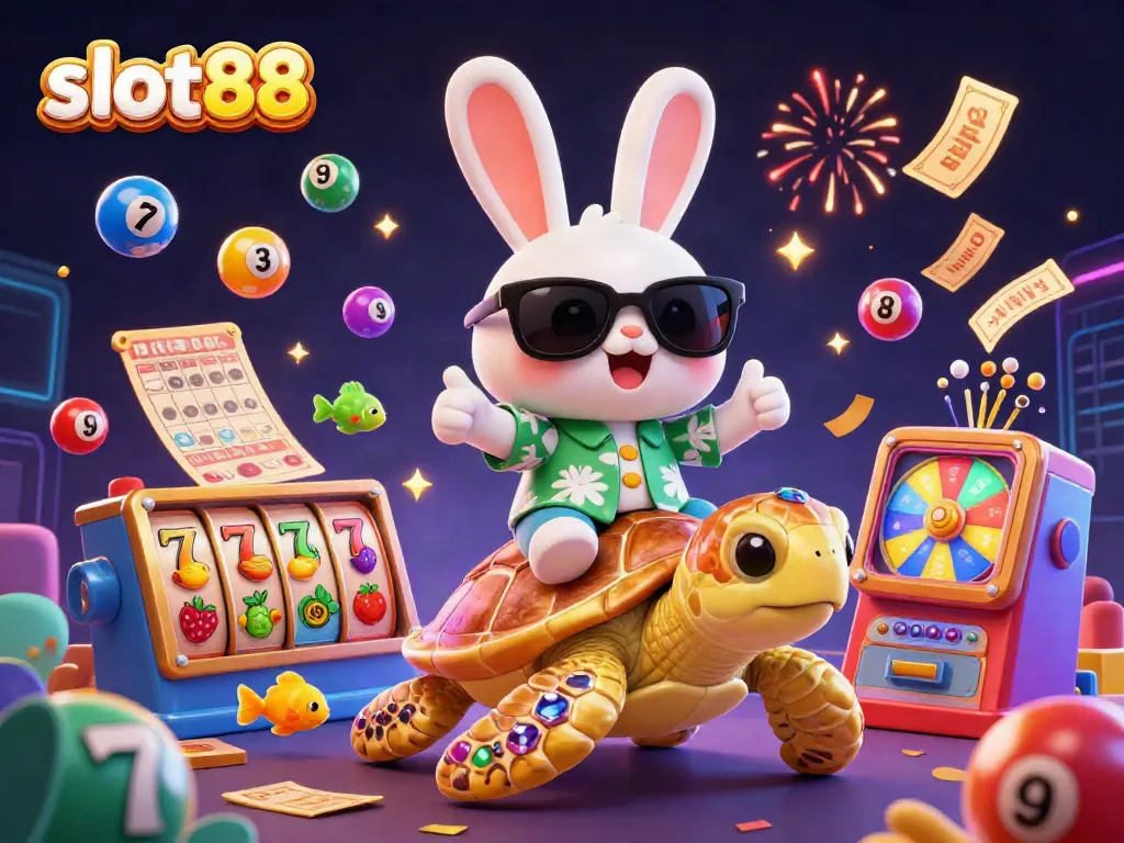 Slot88 memberi kesenangan bermain dengan karakter imut kelinci beruntung di atas kura-kura emas.