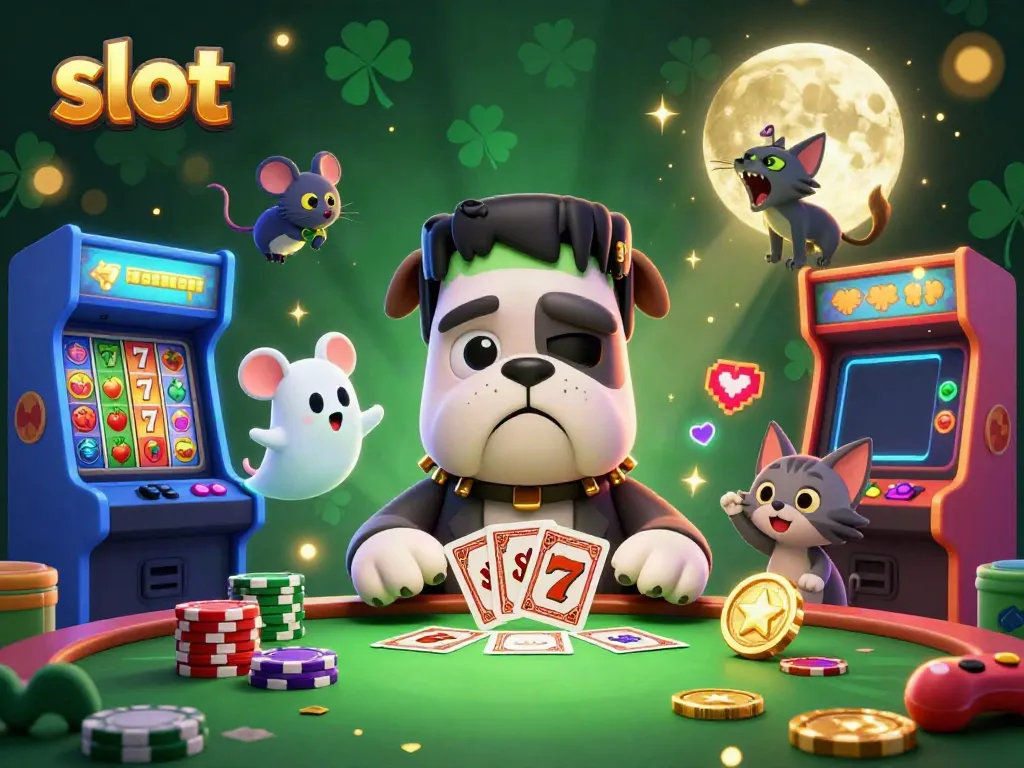 Engage with thrilling slots alongside the playful Frankenstein bulldog in a lively casino illustration.