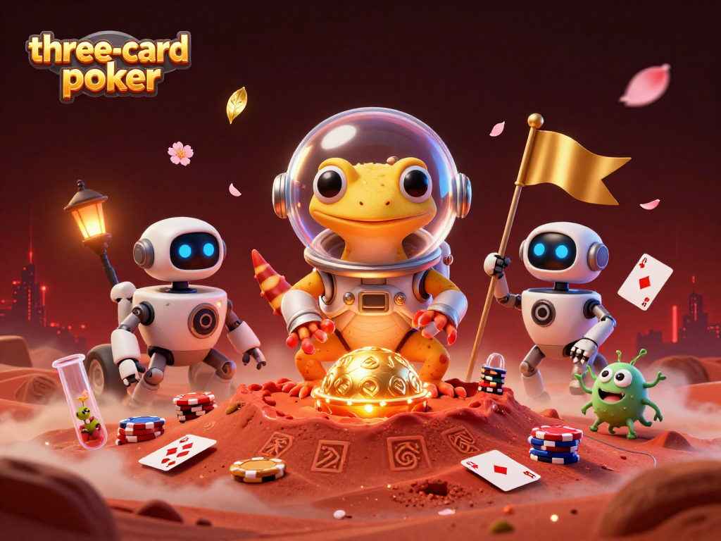 Experience thrilling three-card-poker action with a 3D Martian gecko in a golden casino