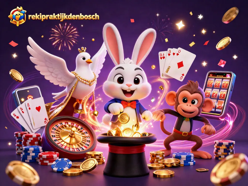 Reikipraktijkdenbosch hadir dengan ilustrasi kasino yang magis, menampilkan karakter menarik dan elemen keberuntungan.