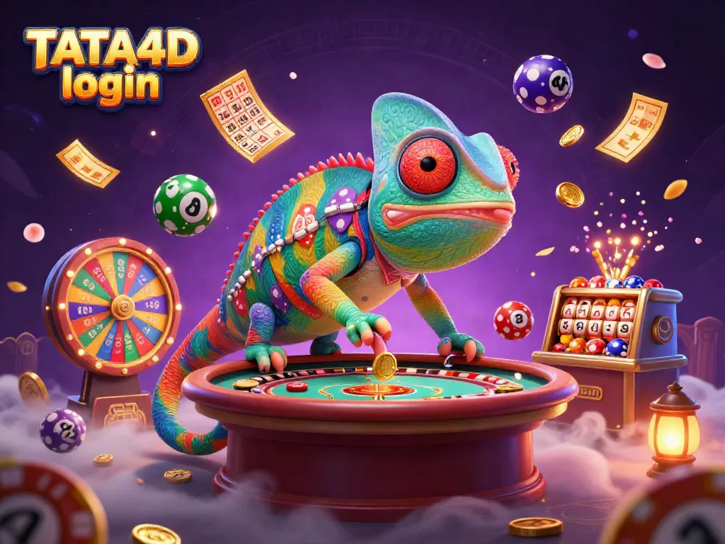 TATA4D login brings a dynamic scene with a colorful chameleon casino owner, lottery elements, and a vibrant casino atmosphere.
