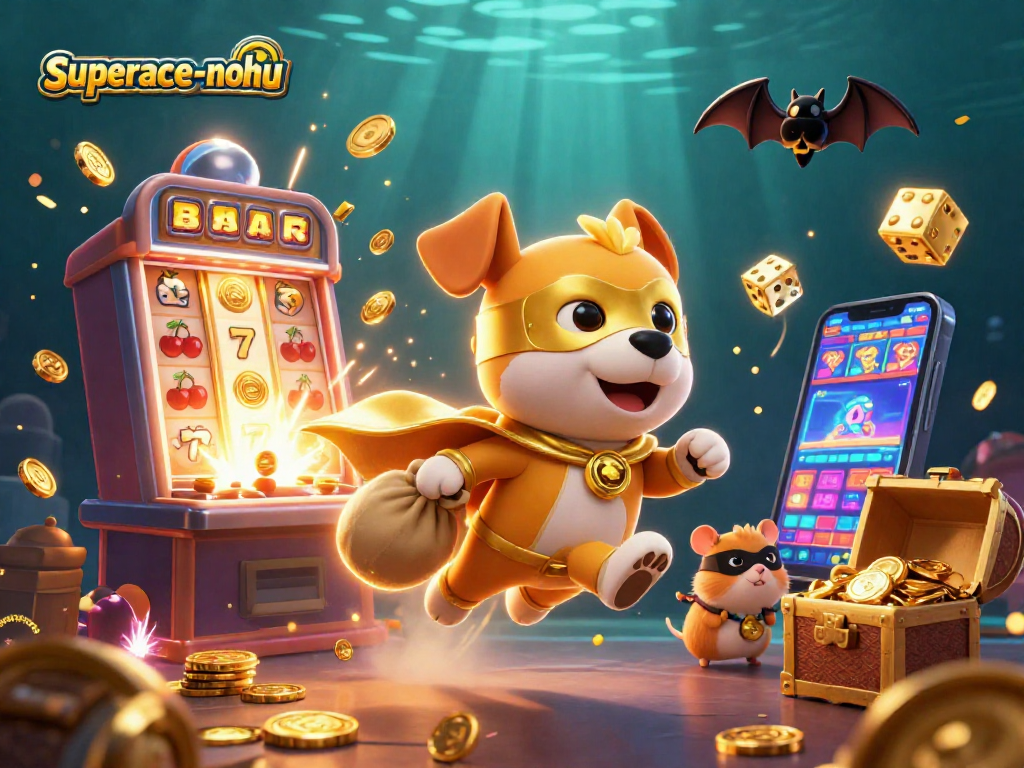 Superace-nohu game illustrated with a superhero dog and hamster character amidst vibrant casino elements, showcasing excitement.