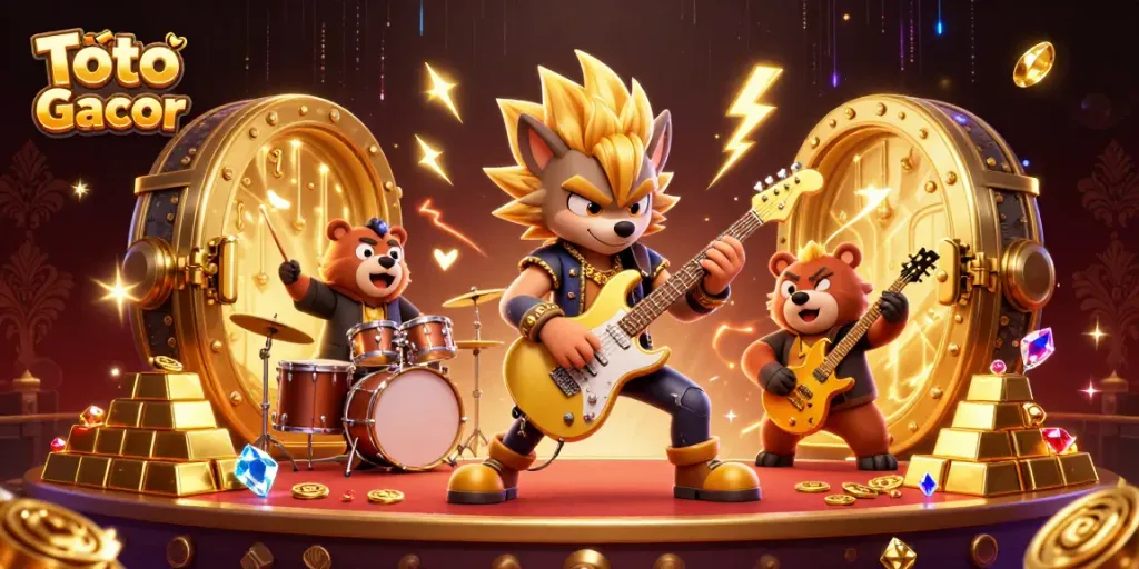 Mengaktifkan permainan dengan Toto Slot Gacor yang menampilkan karakter kartun rock star seru di panggung kasino.