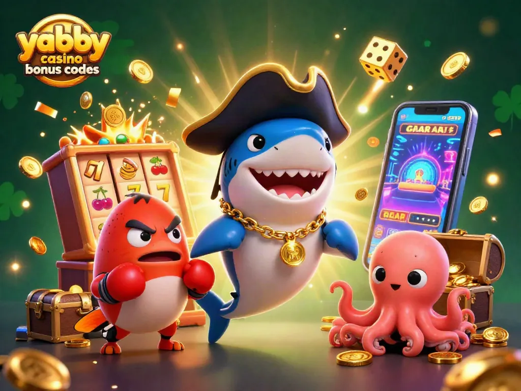 Play with exciting yabby casino bonus codes alongside fun cartoon characters in a vibrant casino scene.