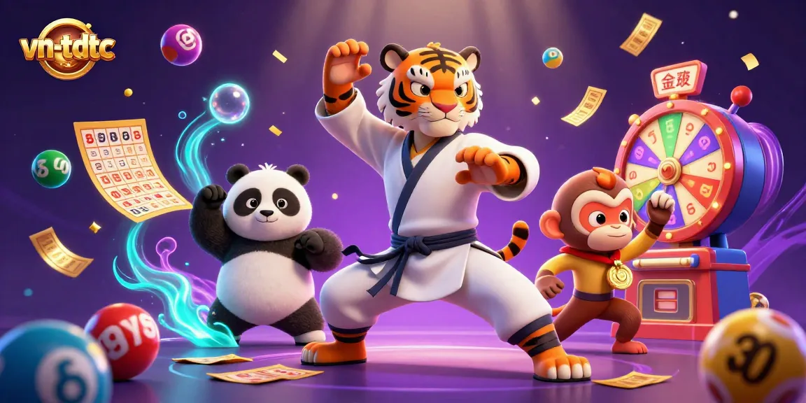Join the fun at vn-tdtc with a lively illustration of a kung fu tiger and friends in a vibrant casino.