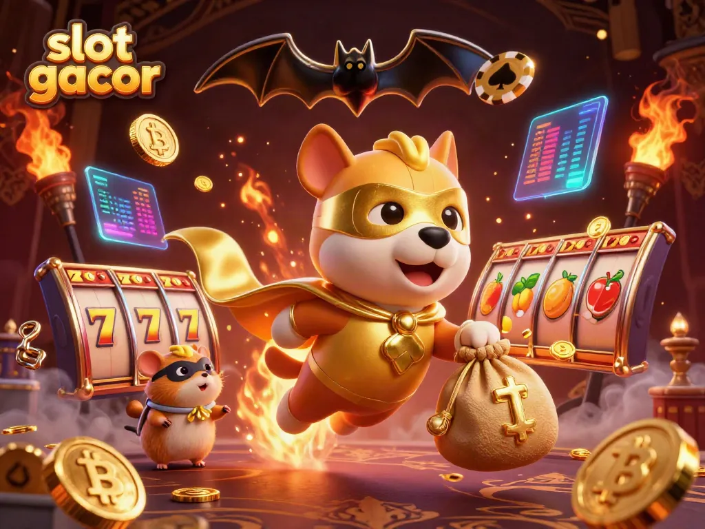 Slot gacor: Anjing superhero dan hamster mengumpulkan koin emas di pemandangan kasino yang cerah.