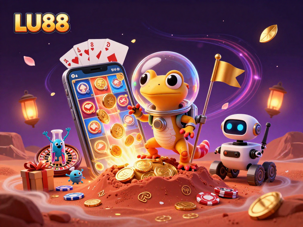 Experience LU88's vibrant online casino with a Martian gecko discovering treasures and thrilling games.