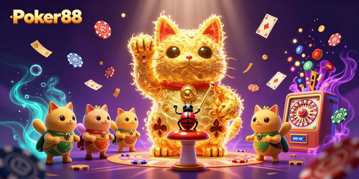 Engage with Poker88's vibrant casino experience featuring a golden lucky cat amidst poker elements.