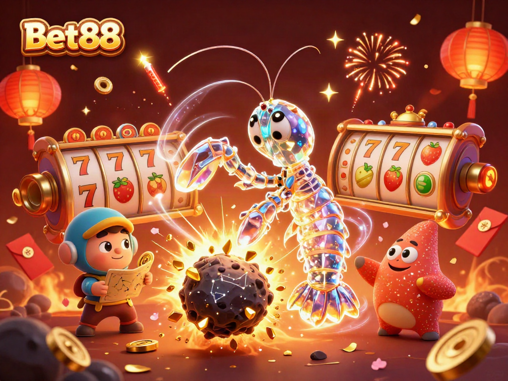 Experience thrilling wins at Bet88 with a dynamic 3D scene of a galactic samurai celebrating amidst casino elements.