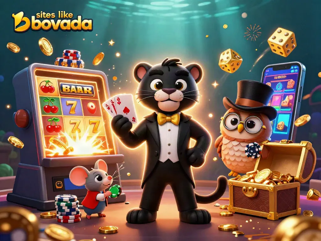 Experience thrilling action at sites like bovada with a stylish panther, an owl, and a mouse in a vibrant casino scene.