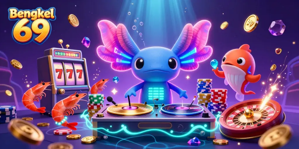 Bengkel 69 captures an axolotl DJ spinning reels, inviting players to spin for gold and luck in this vibrant casino scene.