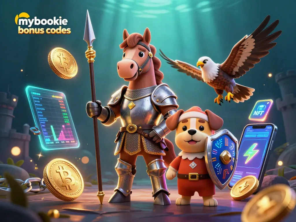 Explore mybookie bonus codes alongside knights and crypto coins in an animated, vibrant scene.