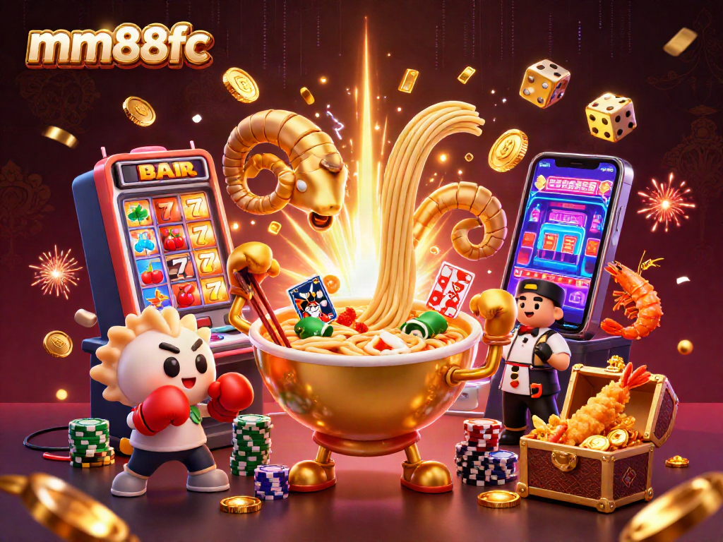 Experience the thrilling gameplay of mm88fc as a giant ramen bowl dealer stacks chips amid a casino explosion.