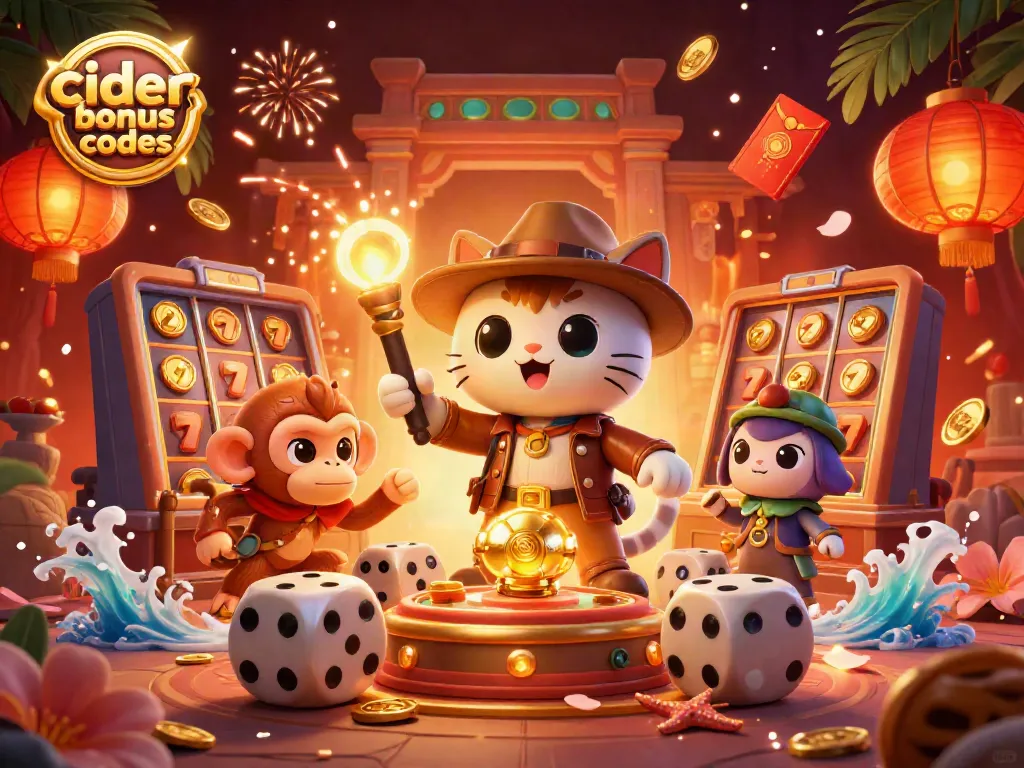 Cider casino bonus codes illustration showcasing a cat explorer discovering casino artifacts with slots and golden elements.