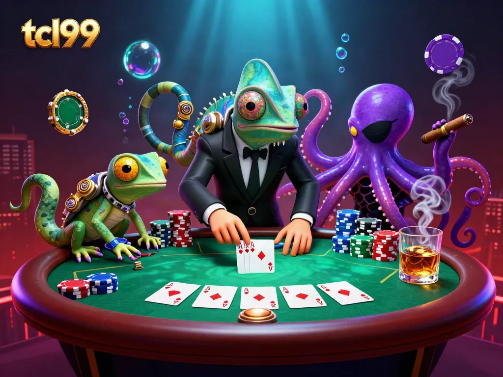 Engage with the thrilling world of tcl99 as vibrant characters play poker amid colorful chips and dramatic lighting.