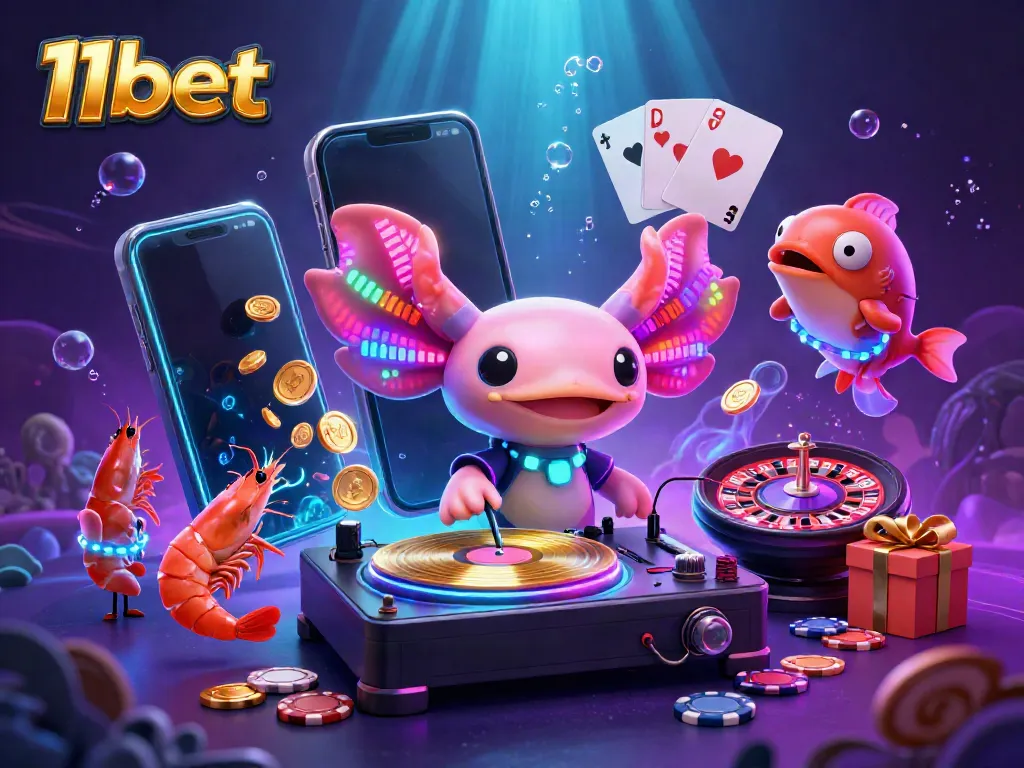 Engage with 11bet's vibrant underwater casino scene showcasing a neon axolotl DJ, dancing shrimp, and exciting gaming elements.