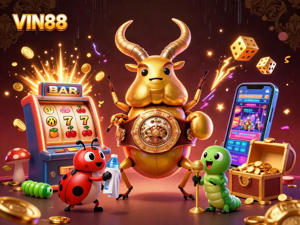 Experience VIN88 excitement with a dazzling jackpot scene featuring glowing characters and casino elements.
