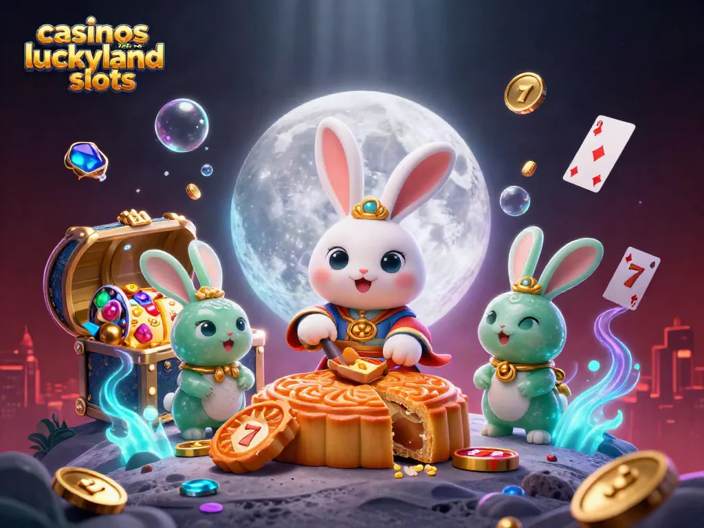 Experience a vibrant 3D scene of casinos like LuckyLand Slots bursting with gold coins, games, and lively characters.