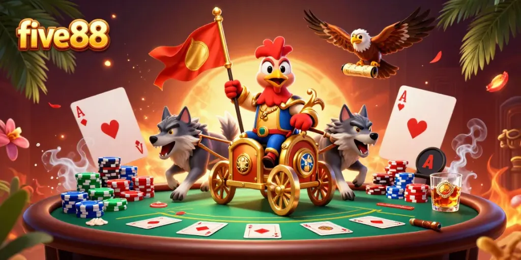 Engage in thrilling poker action with five88, featuring a lively scene of a rooster warlord in a casino