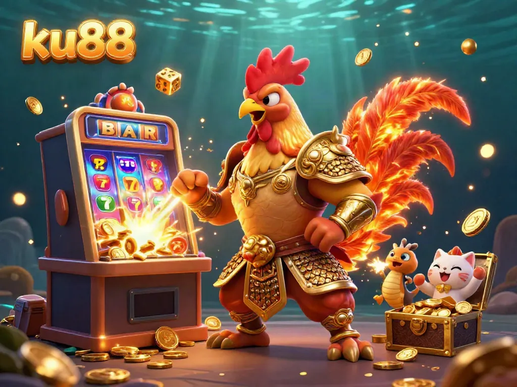 Experience the excitement of ku88 with a triumphant rooster warrior, dragon hatchling, and casino elements, radiating energy.
