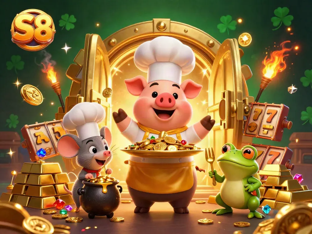 S8-themed casino illustration showcasing a chef pig serving gold coins amidst slot reels and treasures, creating a vibrant gambling scene.