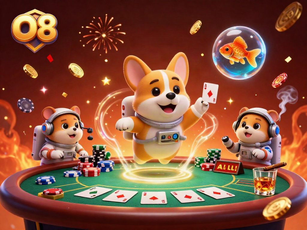 O8 engages players with thrilling casino action featuring an astronaut corgi in a vibrant scene.