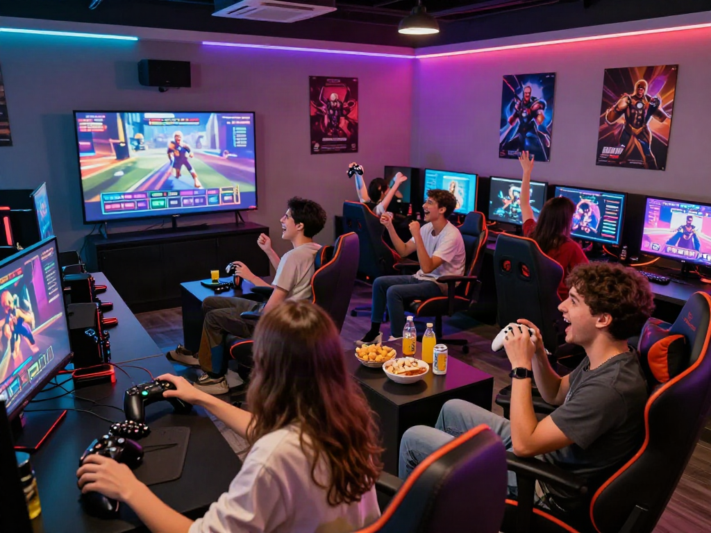 Exciting group playing sex games in a modern lounge environment, vibrant atmosphere.