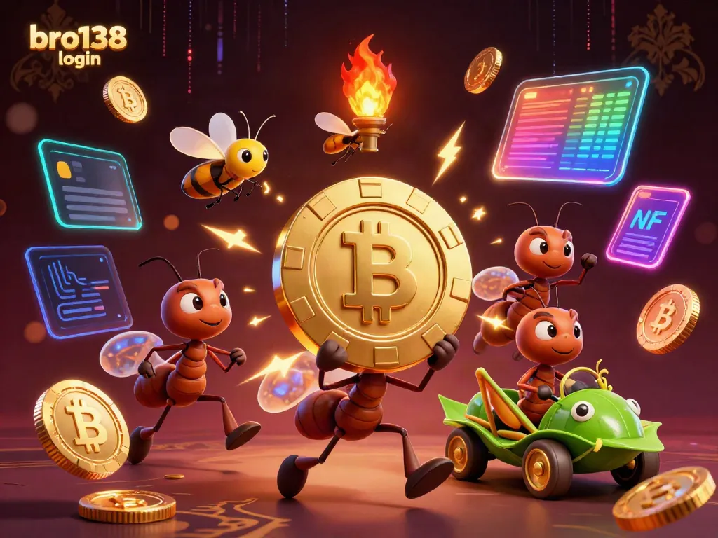 Catch the excitement of bro138 login as animated ants team up in a thrilling heist scene with glowing casino-themed elements.