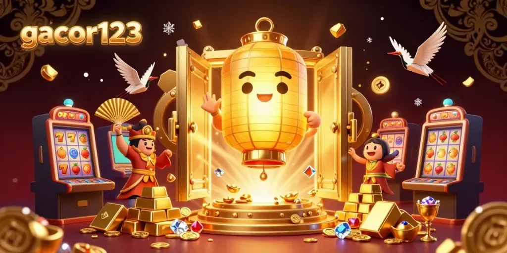 Experience the magic of gacor123 in a vibrant 3D casino scene filled with golden treasures.