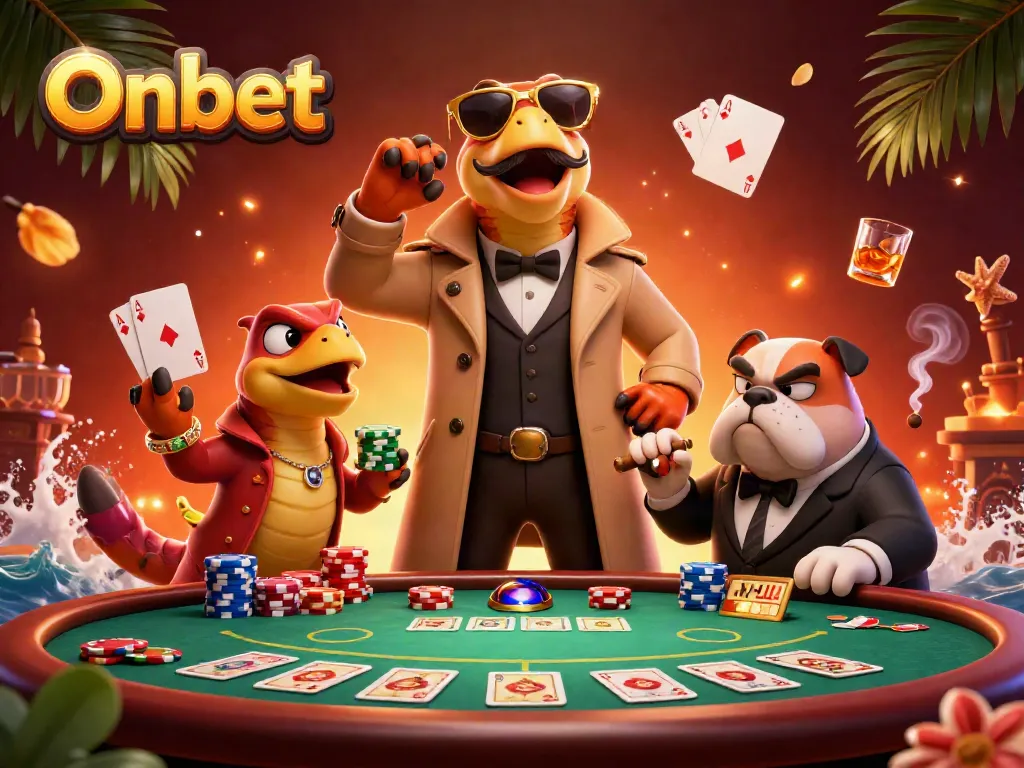 Onbet showcases three playful raptors in a trench coat humorously attempting to enter a VIP casino lounge with poker elements.