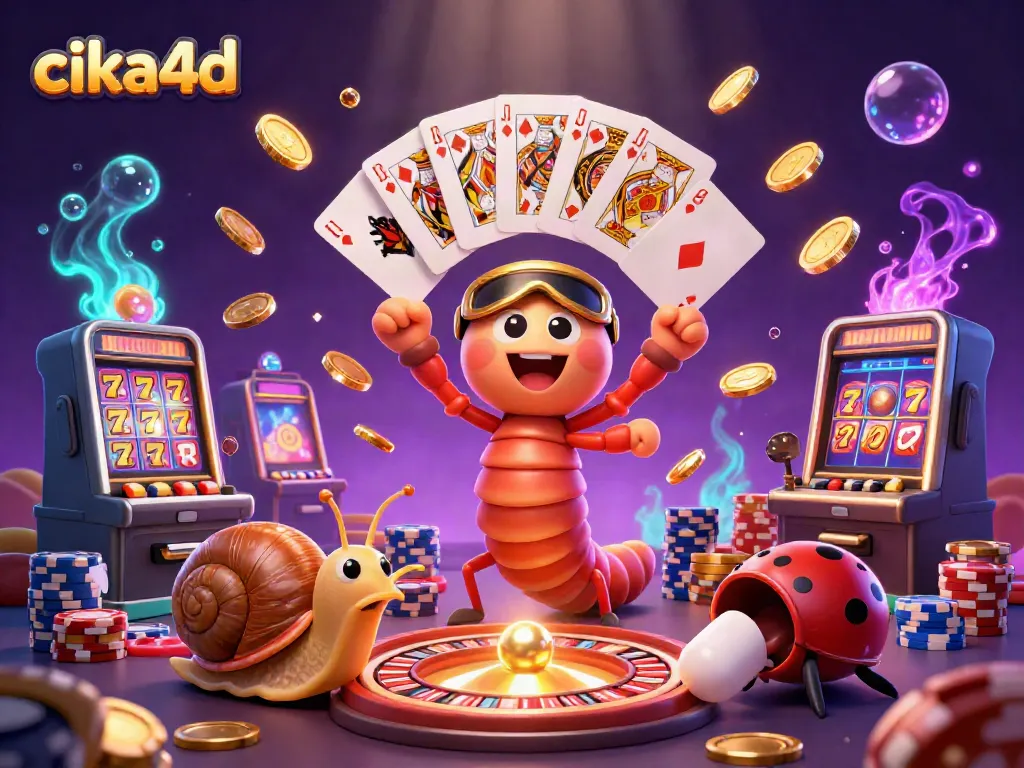 Cika4d showcases a lively casino scene with a millipede dealer and high-rolling snail amidst spinning roulette and slot machines.