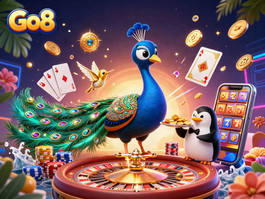 Experience vibrant Go8 casino excitement with a peacock, chips, and stunning gems.