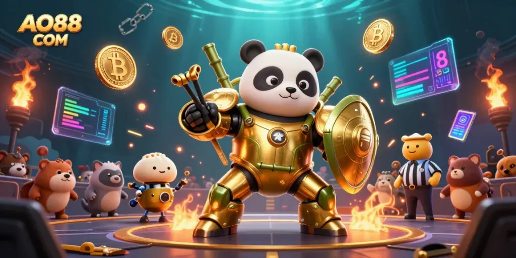 Join the excitement at AO88 COM with a vivid 3D casino arena showcasing a golden panda mech and crypto elements.
