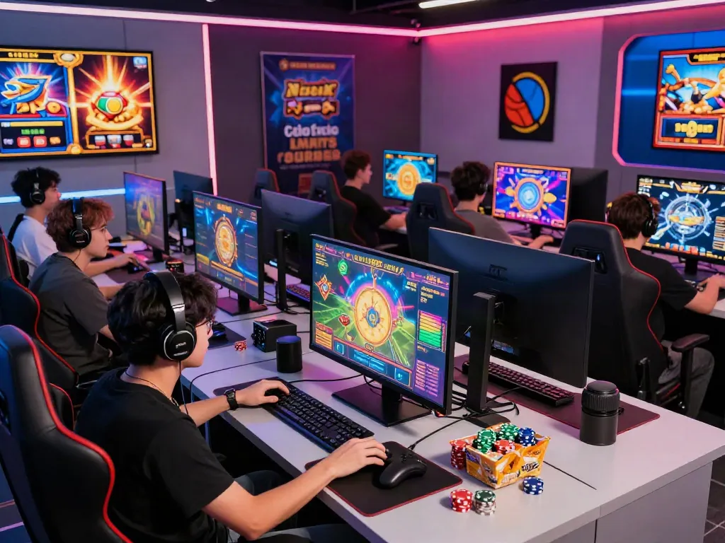 Engaging slot online scene with diverse players in a vibrant gaming room.