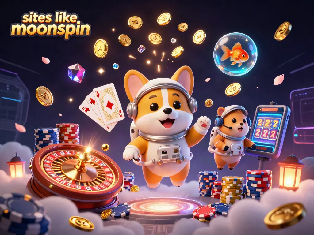 Explore thrilling games at sites like moonspin with colorful characters and casino elements in a vibrant scene.