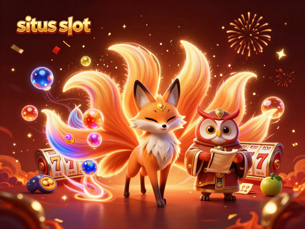Permainan situs slot yang menarik dengan simbol beruntung dan karakter fantastis yang berinteraksi.