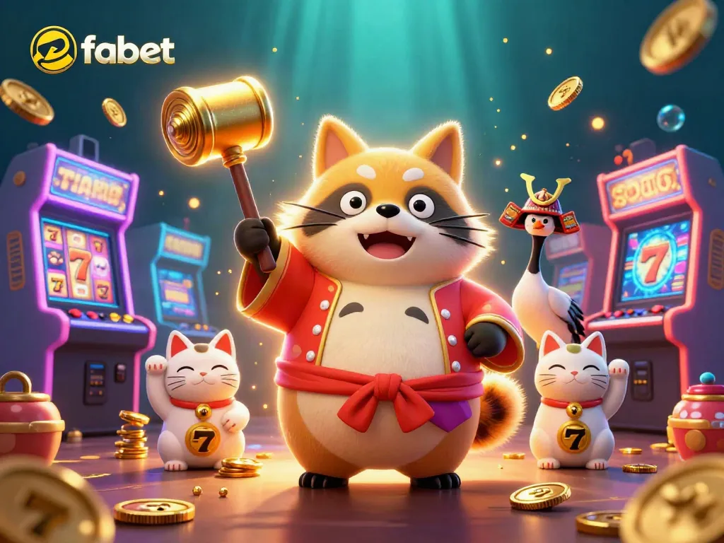 Engage in thrilling gameplay at fabet, featuring vibrant slot reels and lucky mascots in a festive atmosphere.