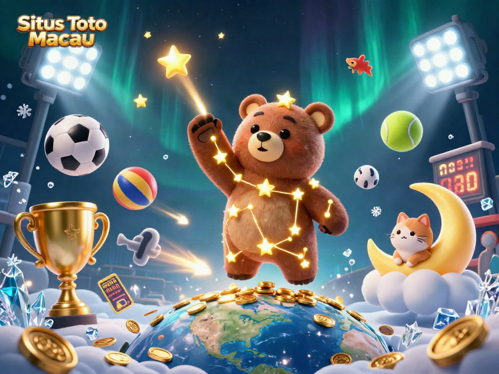 Situs Toto Macau presents a dazzling 3D casino scene featuring a constellation bear and sports elements.